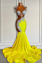 Yellow Scoop Prom Dress With Beadings And Tassels - Mermaid Long