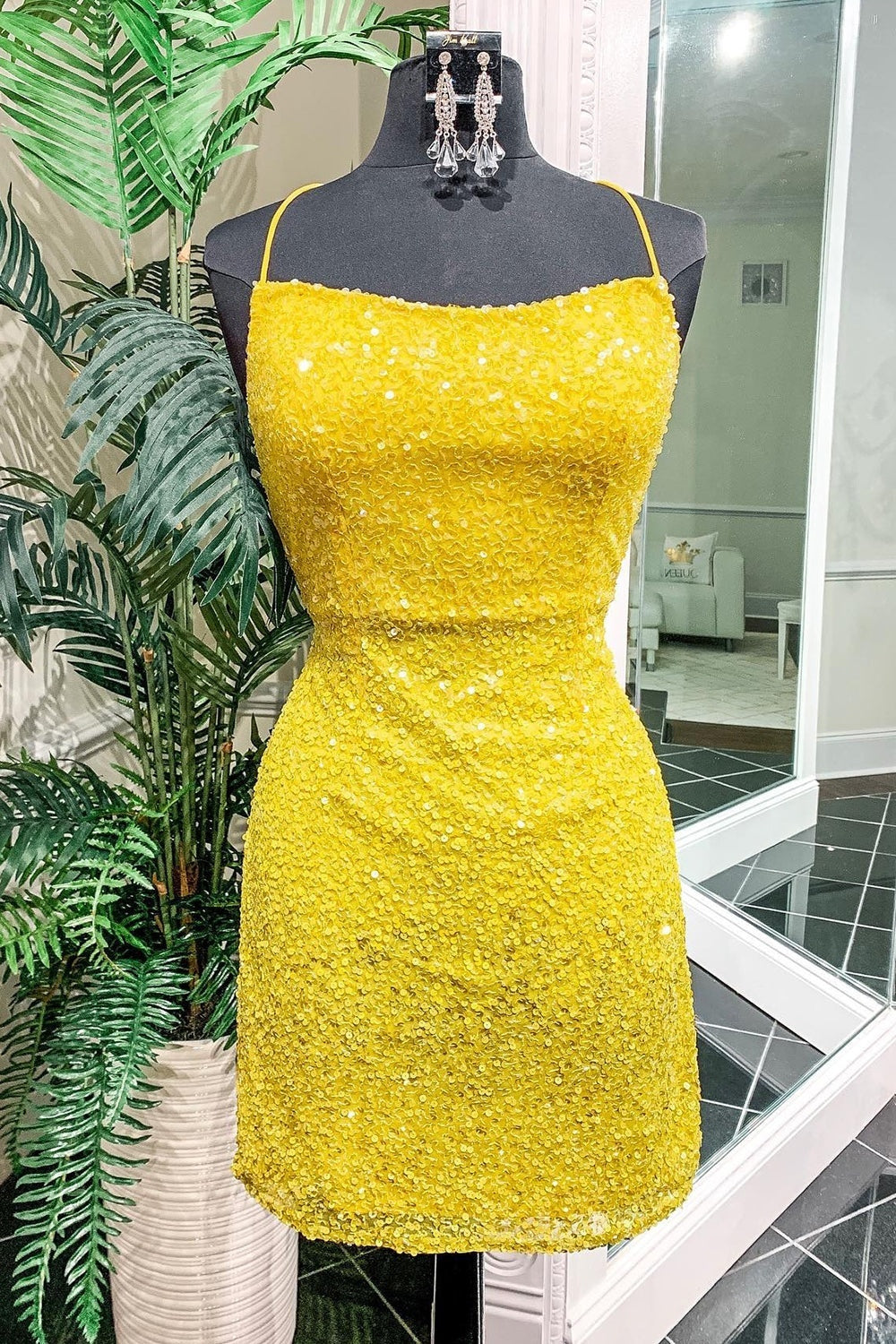yellow sequins backless short homecoming dress
