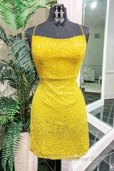 yellow sequins backless short homecoming dress