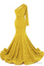 Yellow Sequins Mermaid Prom Dresses One Shoulder Evening Dresses Floor Length Wedding Party Gowns