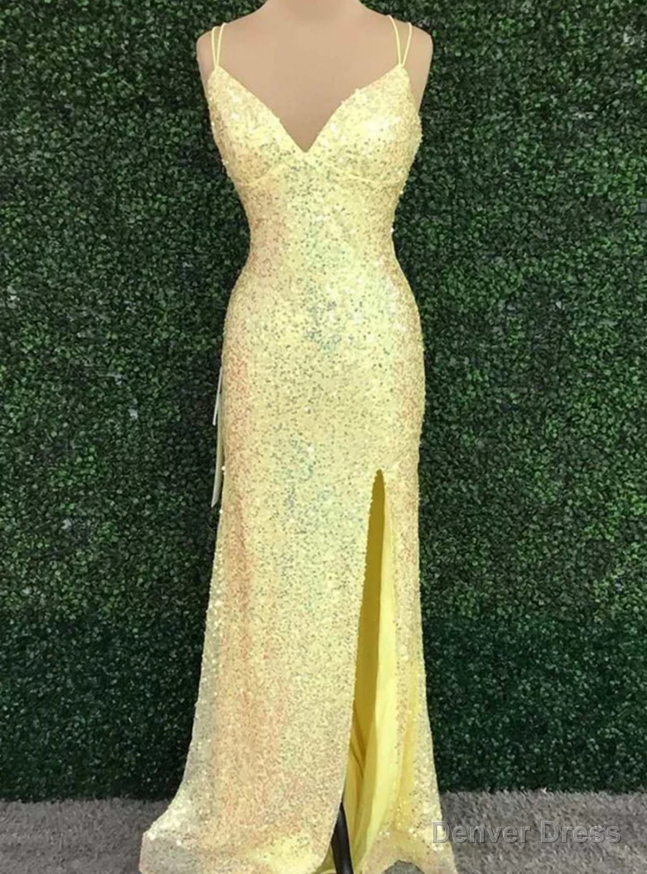 Yellow Sequins Spaghetti Straps Split Prom Dresses Main image