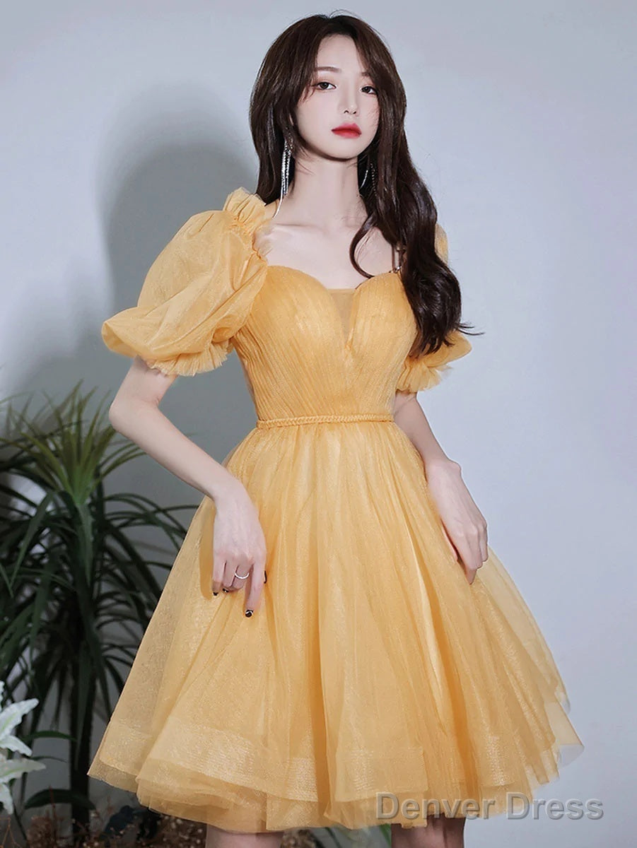 Yellow Short Sleeves Tulle Prom Dress, Yellow Homecoming Dresses