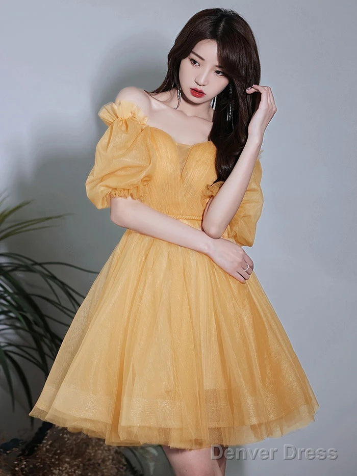 Yellow Short Sleeves Tulle Prom Dress, Yellow Homecoming Dress
