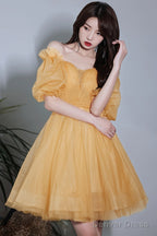 Yellow Short Tulle Prom Dress, A-Line Off The Shoulder Homecoming Dresses