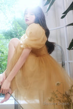 Yellow Short Tulle Party Dress, A-Line Off The Shoulder Homecoming Dress