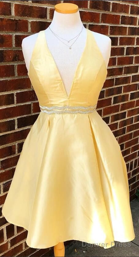 Yellow Short V Neck Prom Dress Homecoming Dress Waist With Beaded Main image