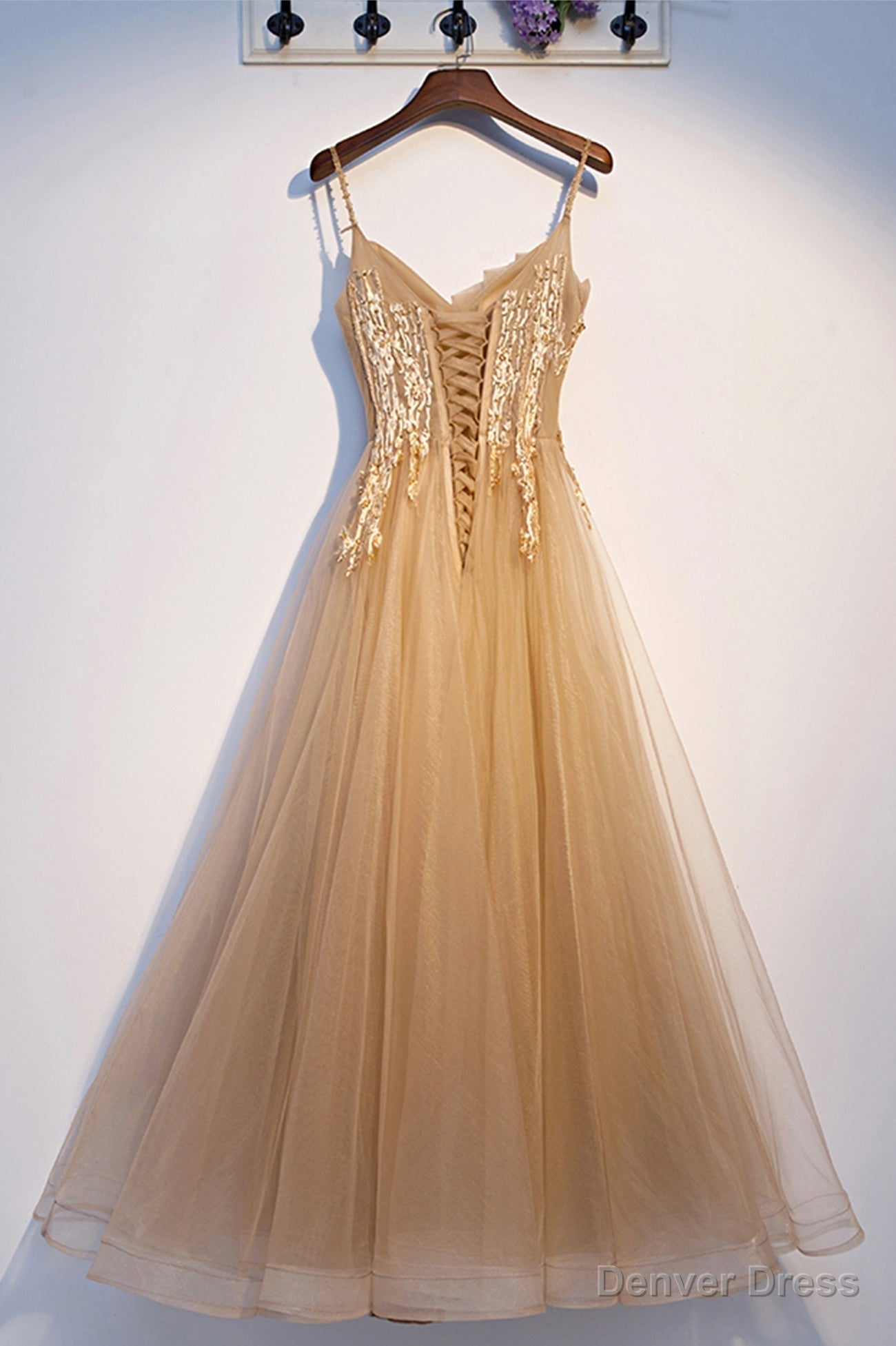 Yellow Spaghetti Straps Lace Long Prom Dress, A Line Prom Dresses