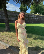 Yellow Spaghetti Straps Ruffle Long Prom Dresses With Ruffles