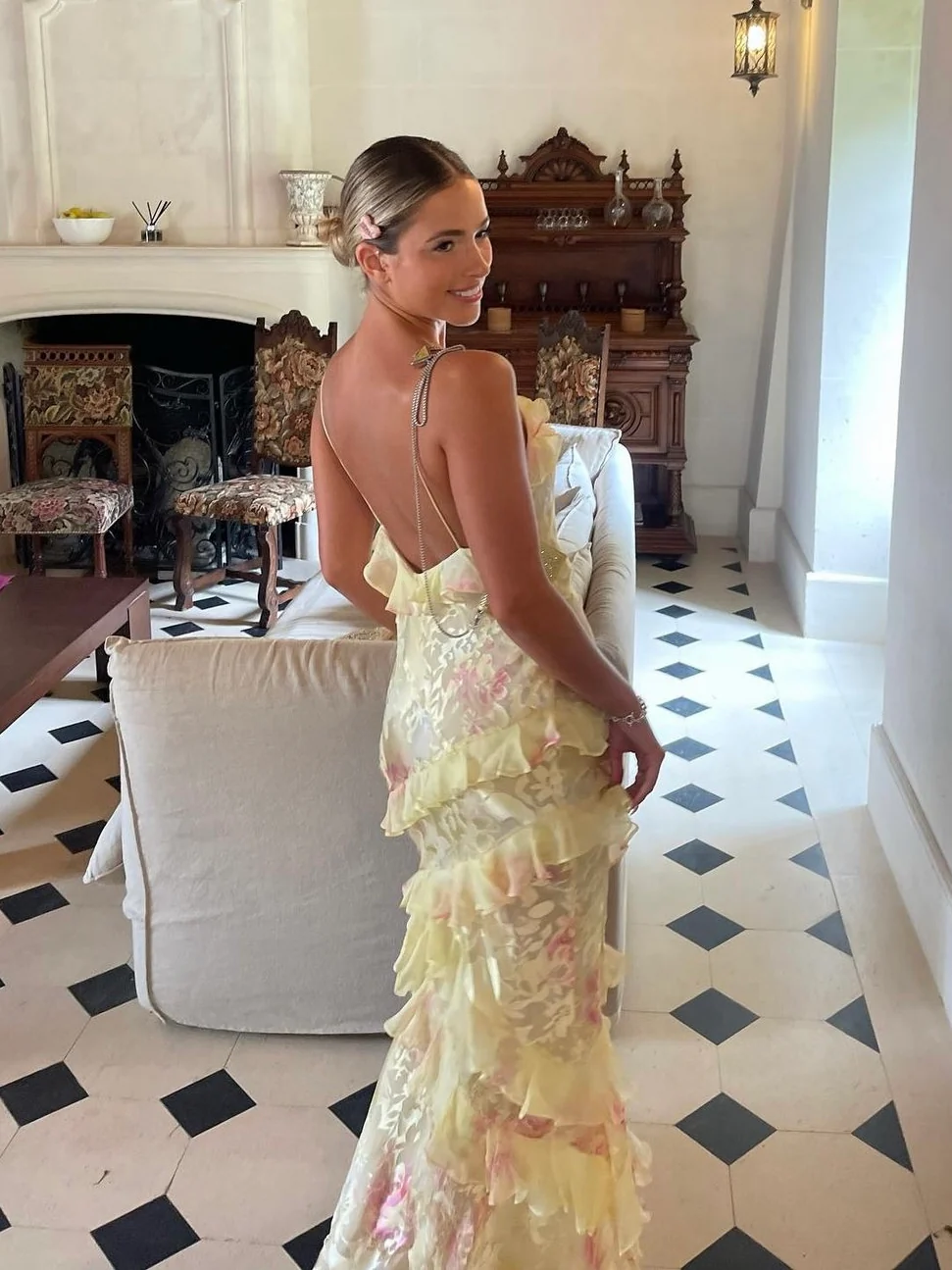 Yellow Spaghetti Straps Ruffle Long Prom Dresses With Ruffles Secondary image