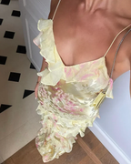 Yellow Spaghetti Straps Ruffle Long Prom Dresses With Ruffles