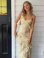 Yellow Spaghetti Straps Ruffle Long Prom Dresses With Ruffles