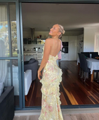 Yellow Spaghetti Straps Ruffle Long Prom Dresses With Ruffles