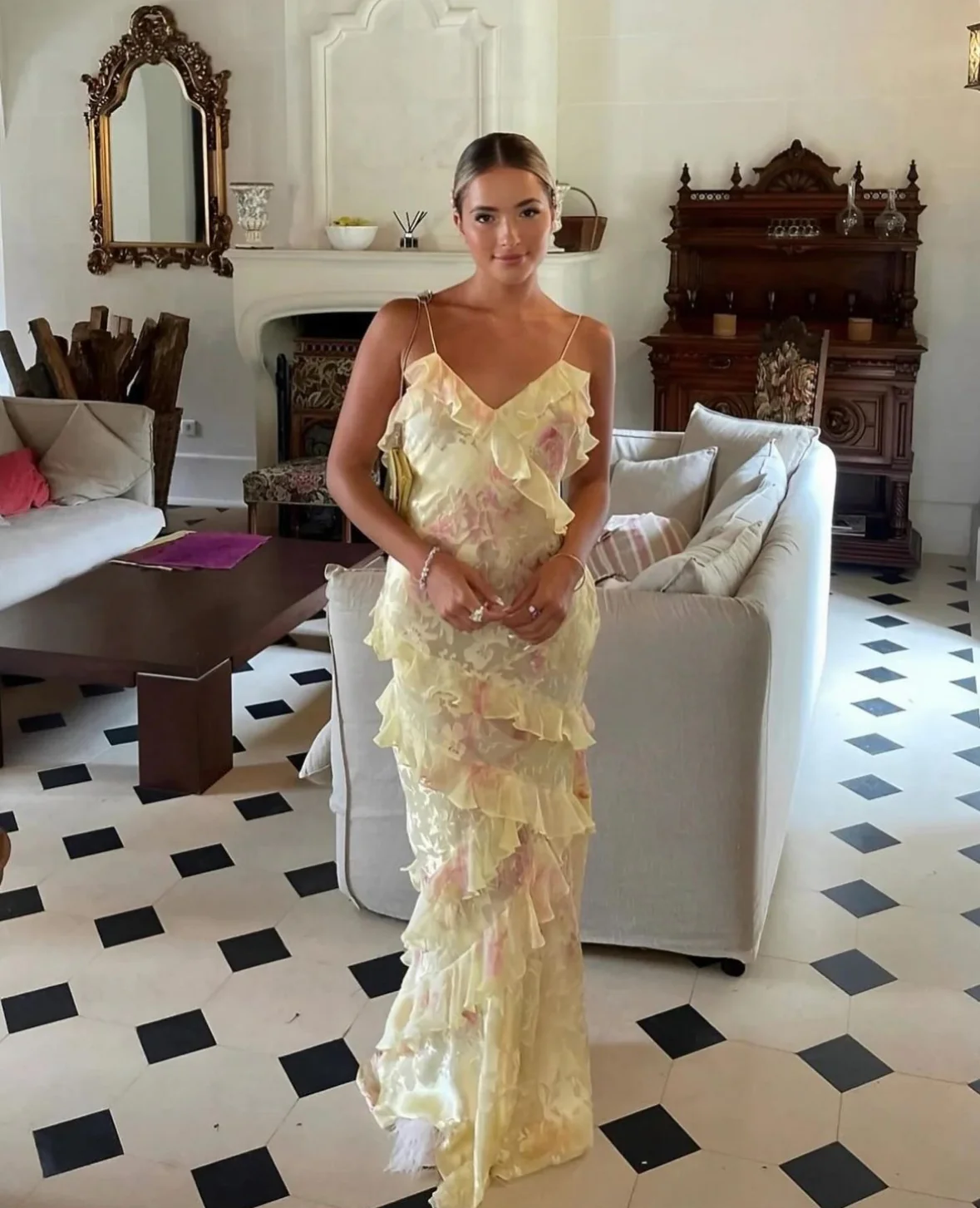 Yellow Spaghetti Straps Ruffle Long Prom Dresses With Ruffles Main image