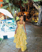 Yellow Sweetheart Sleeveless Ruffle Floor Length Prom Dresses Birthday Outfits