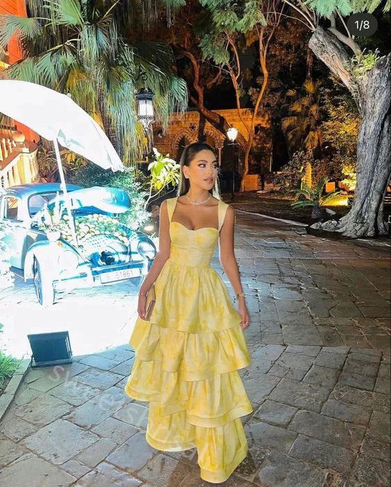 Yellow Sweetheart Sleeveless Ruffle Floor Length Prom Dresses Birthday Outfits