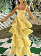 Yellow Sweetheart Sleeveless Ruffle Floor Length Prom Dresses Birthday Outfits