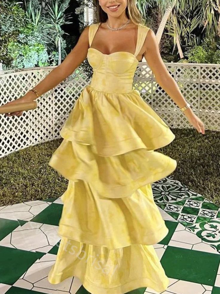 Yellow Sweetheart Sleeveless Ruffle Floor Length Prom Dresses Birthday Outfits