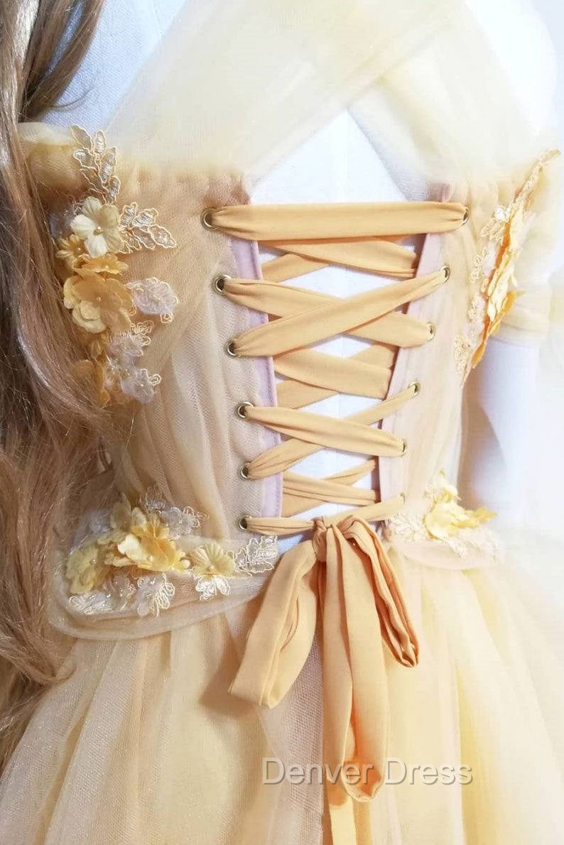 Yellow Sweetheart Tulle Lace Long Prom Dresses Yellow Formal Dresses