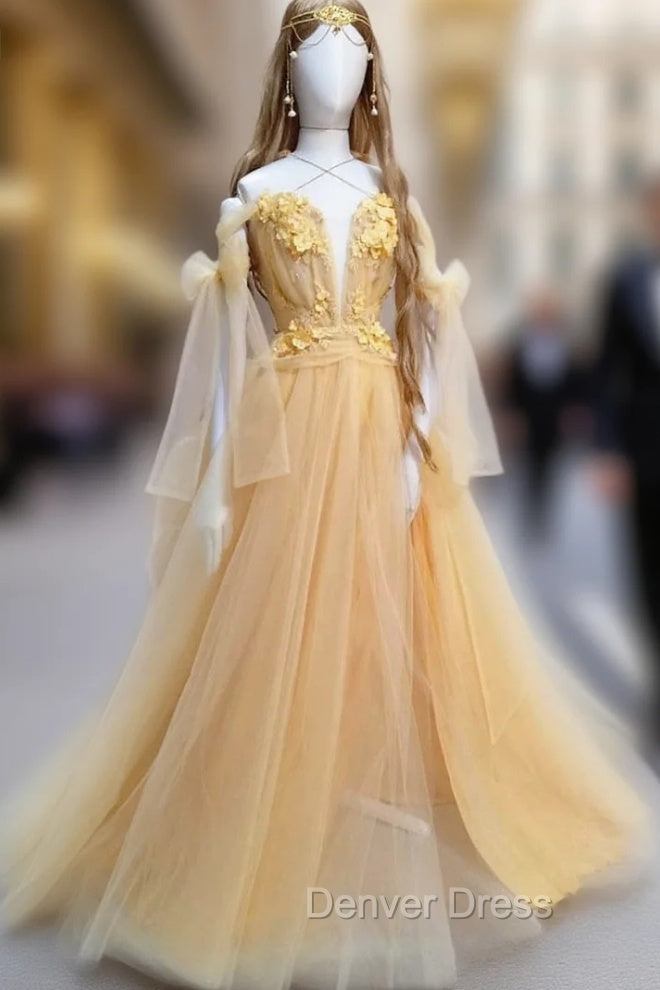 Yellow Sweetheart Tulle Lace Long Prom Dresses Yellow Formal Dresses Main image