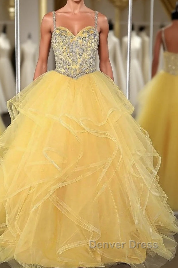 Yellow sweetheart tulle sequin long prom Dress, yellow Prom Dresses Main image