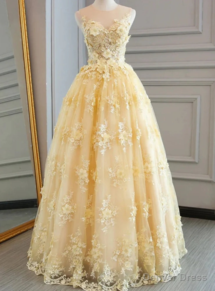 Yellow Tulle 3D Flower Prom Dress Main image