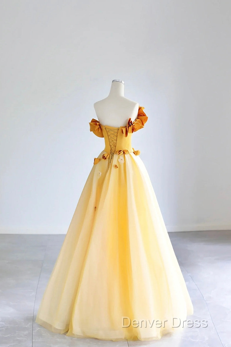 Yellow Tulle Applique Long Prom Dresses, Off The Shoulder Sleeveless Backless Long Formal Evening Dresses Secondary image