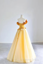 Yellow Tulle Applique Long Prom Dresses, Off The Shoulder Sleeveless Backless Long Formal Evening Dresses