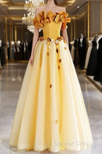 Yellow Tulle Applique Long Prom Dresses, Off The Shoulder Sleeveless Backless Long Formal Evening Dresses