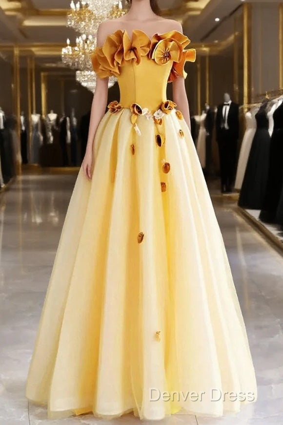 Yellow Tulle Applique Long Prom Dresses, Off The Shoulder Sleeveless Backless Long Formal Evening Dresses