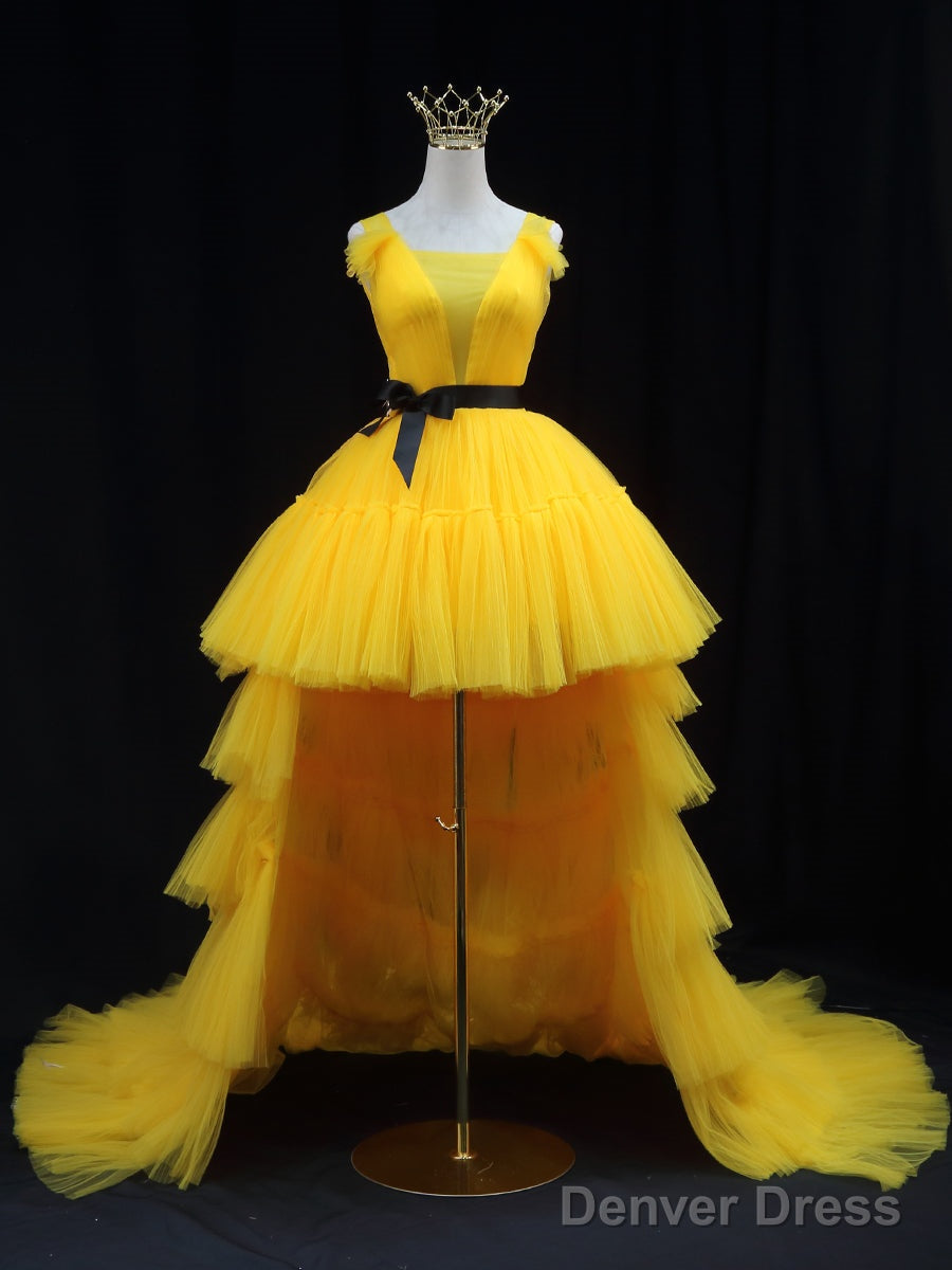 Yellow Tulle High Low Prom Dress, Yellow Formal Evening Dress Main image