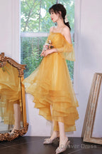 Yellow Tulle High Low Prom Dresses, A-Line Evening Dresses
