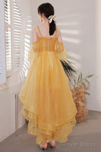 Yellow Tulle High Low Prom Dresses, A-Line Evening Dresses