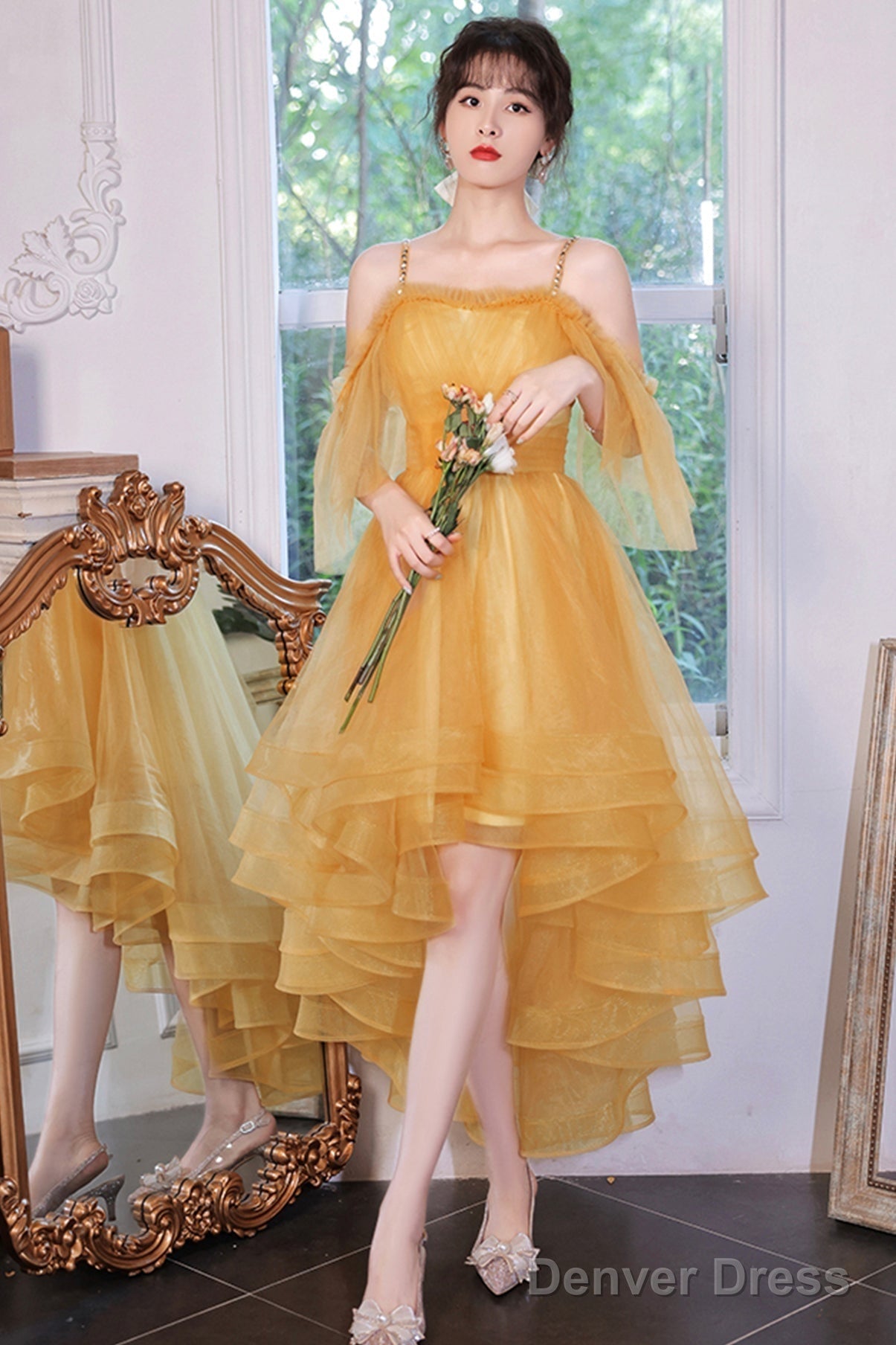 Yellow Tulle High Low Prom Dresses, A-Line Evening Dresses