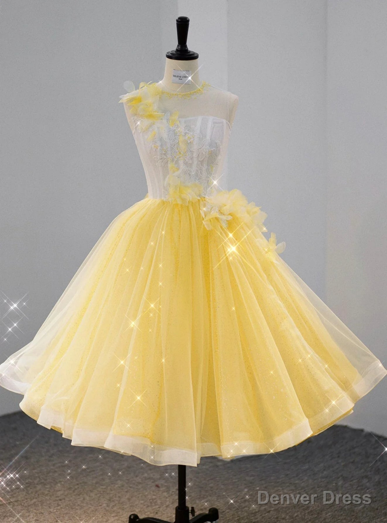 Yellow Tulle Lace Flower Tea Length Homecoming Dresses Main image