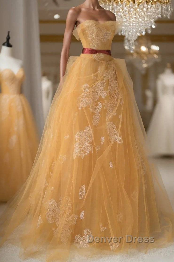Yellow tulle lace long prom Dress, yellow tulle Prom Dresses Main image