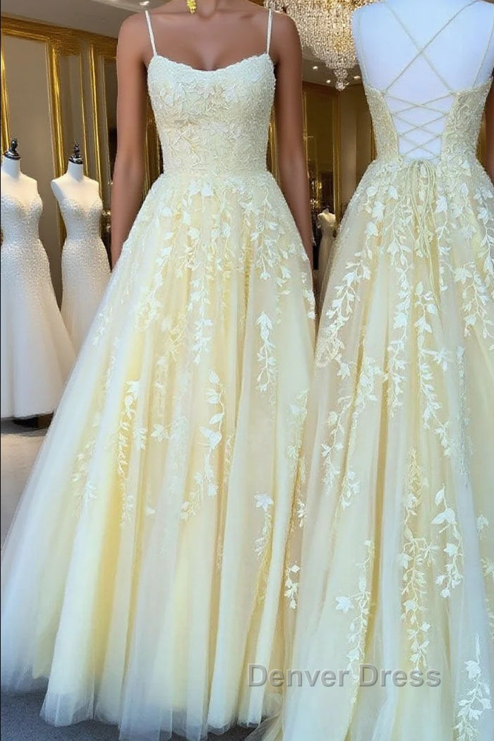 Yellow tulle lace long prom Dress, yellow tulle lace Prom Dresses Main image