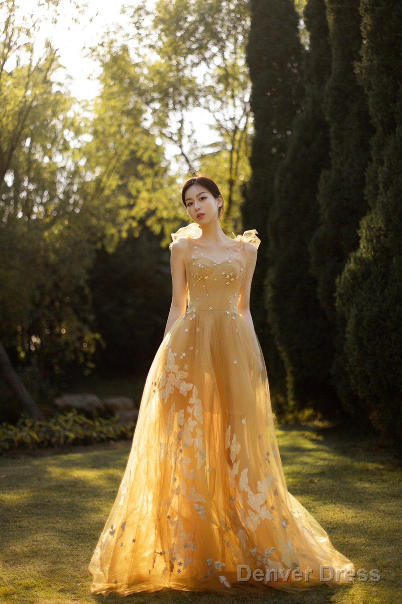 Yellow Tulle Lace Long Prom Dresses, A-Line Evening Gowns