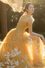 Yellow Tulle Lace Long Prom Dresses, A-Line Evening Gowns