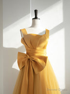 Yellow Tulle Long Prom Dress with Bow, Yellow Prom Dresses Prom Gowns