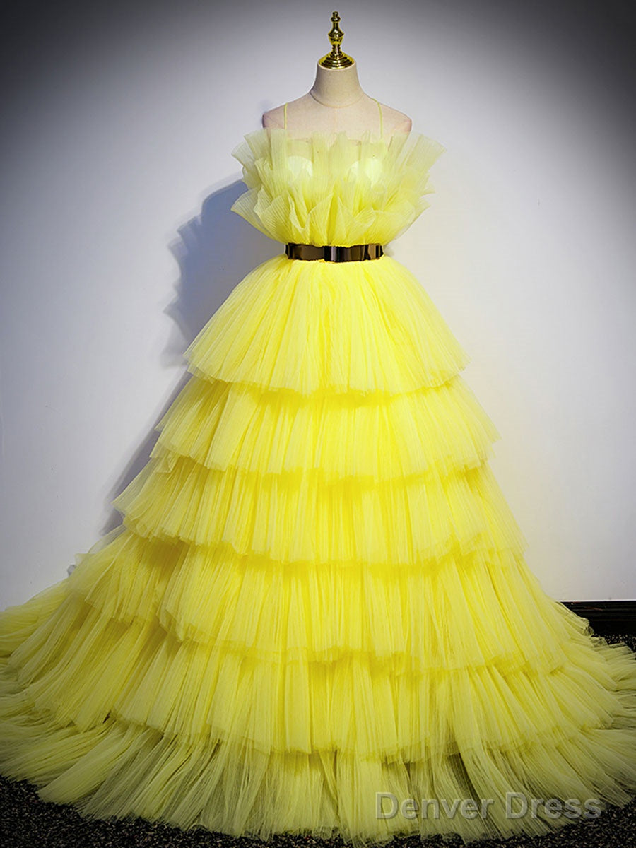 Yellow Tulle Long Prom Dress, Yellow Tulle Formal Dress Main image