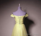 Yellow Tulle Off Shoulder Knee Length Prom Dress, Light Yellow Prom Dresses