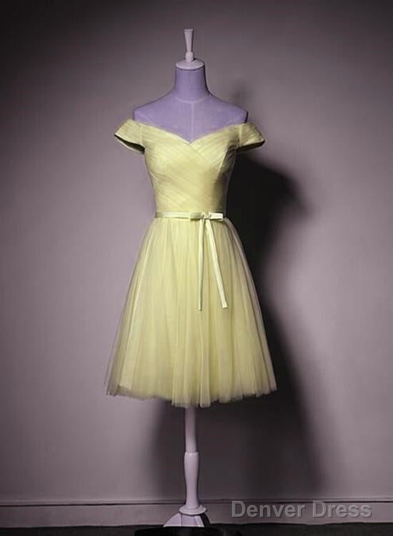 Yellow Tulle Off Shoulder Knee Length Prom Dress, Light Yellow Prom Dresses