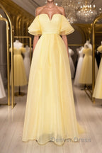 Yellow tulle off shoulder long prom Dress yellow Prom Dresses
