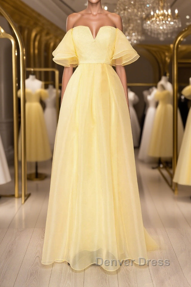 Yellow tulle off shoulder long prom Dress yellow Prom Dresses