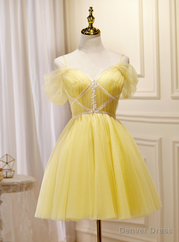 Yellow Tulle Off the Shoulder Pleats Homecoming Dress Main image