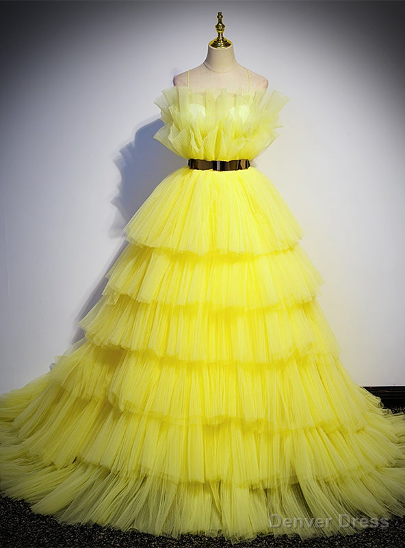 Yellow Tulle Pleats Spaghetti Straps Prom Dresses Main image