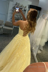 yellow tulle prom dress with appliques