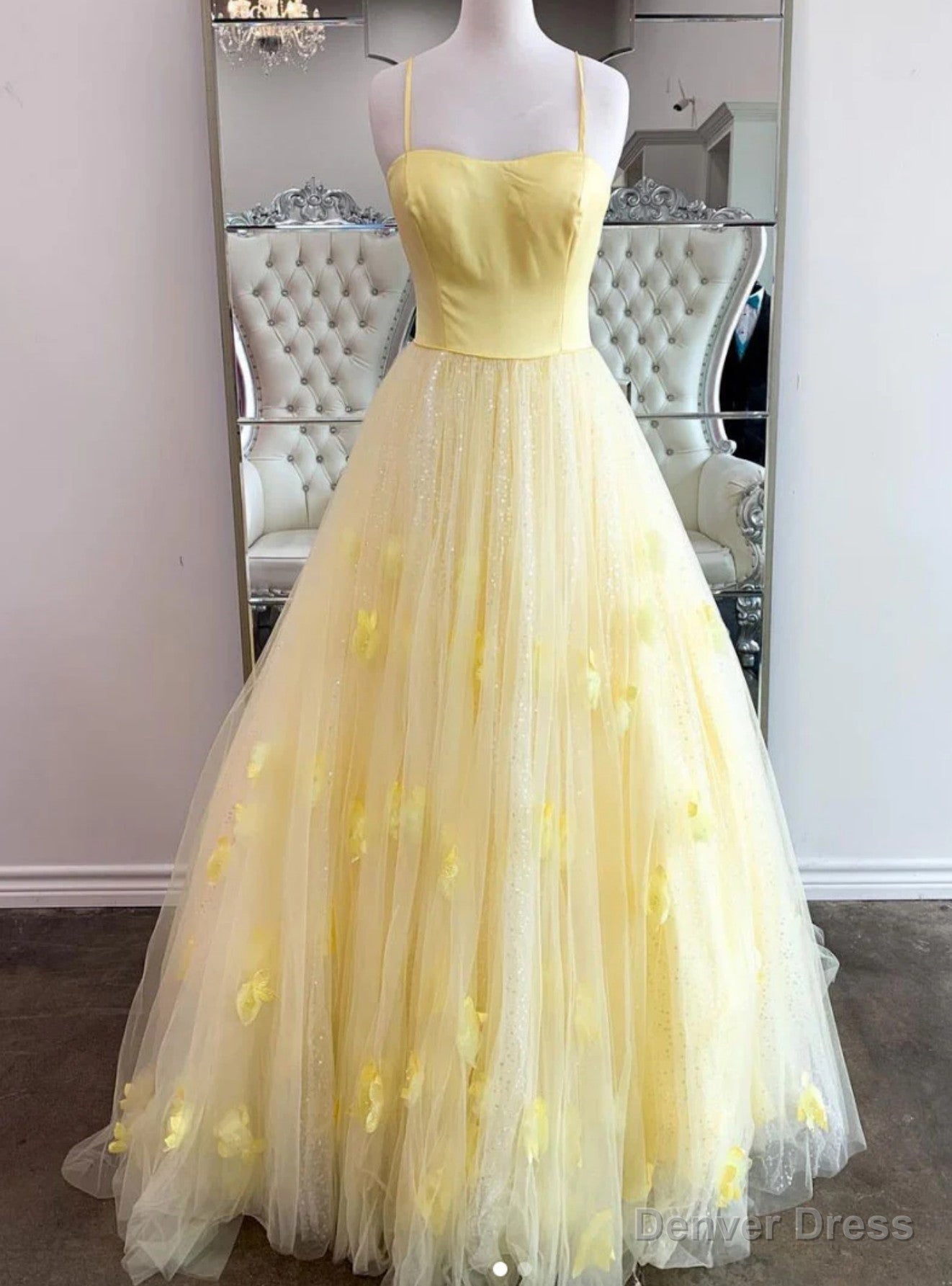Yellow Tulle Sequins Flower Prom Dress Main image