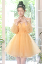 Yellow Tulle Short A-Line Prom Dress, Yellow Homecoming Party Dress