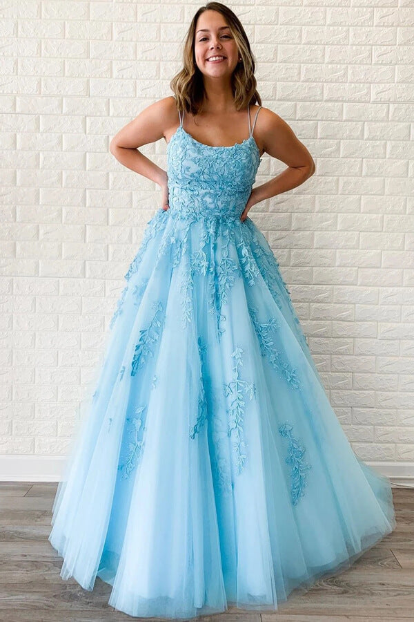 Yellow Tulle Spaghetti Straps Scoop A-Line Prom Dresses With Appliques